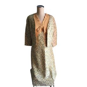 60's 2 piece Embroidered Floral Dress & Jacket Set, Homemade, Sz SP Melon/Green